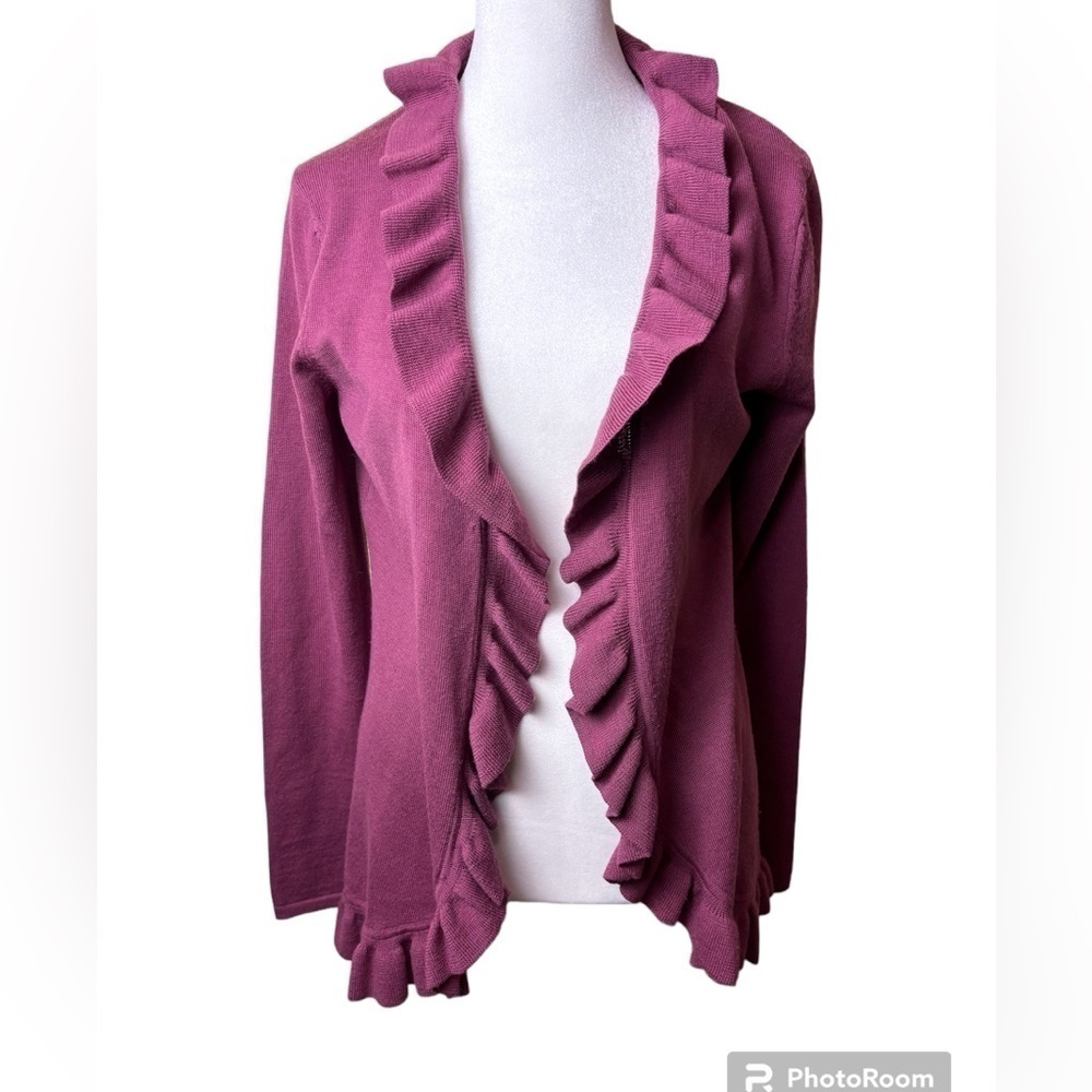 346 Brooks Brothers 100% Merino Wool Ruffle Open Front Cardigan Size Medium Plum